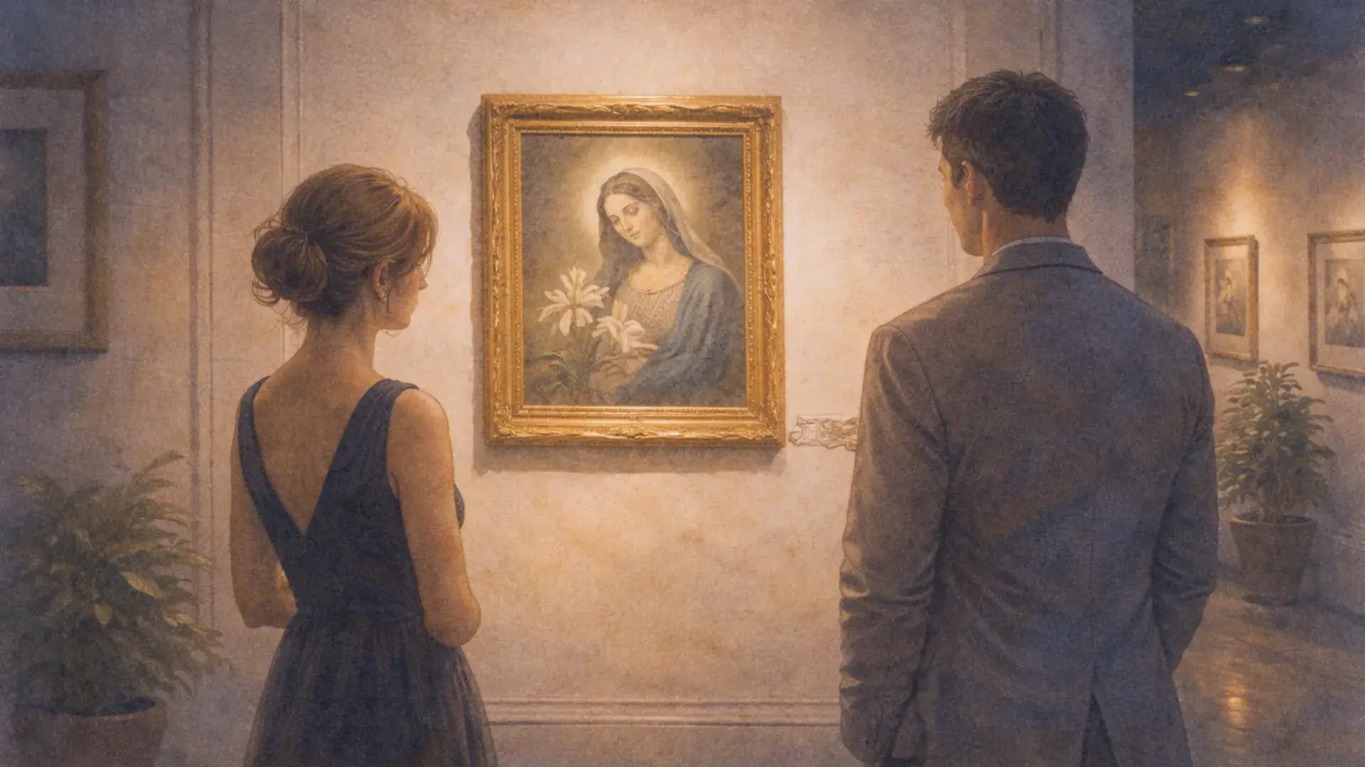 Illustration of two people standing in an art gallery, seen from behind, looking at a framed painting on the wall.
