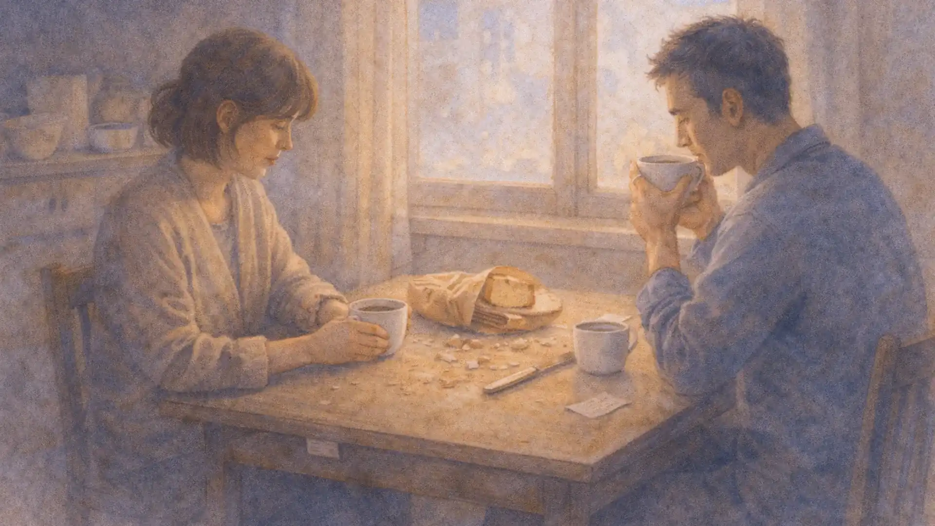 Illustration of a quiet couple sitting at a small table by the window, sharing tea and bread, watercolor style.