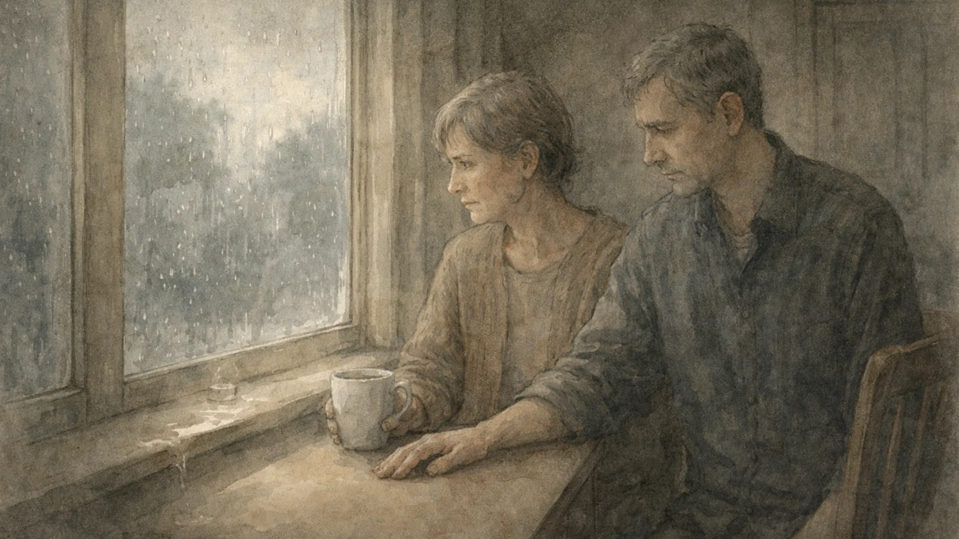 Hand-painted watercolor illustration of a quiet interior by a rain-streaked window, inspired by Tears in the Rain, with a soft, still atmosphere in Aveline’s style.