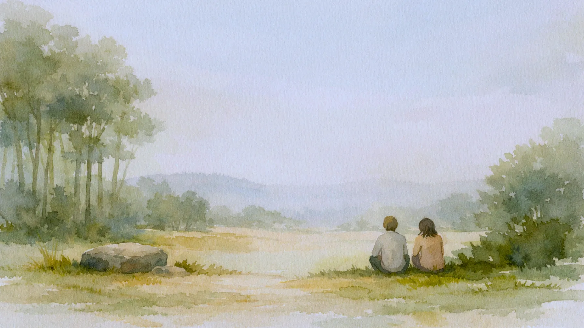 Two children sitting side by side in a quiet meadow, looking out toward distant hills and trees under a pale sky.
