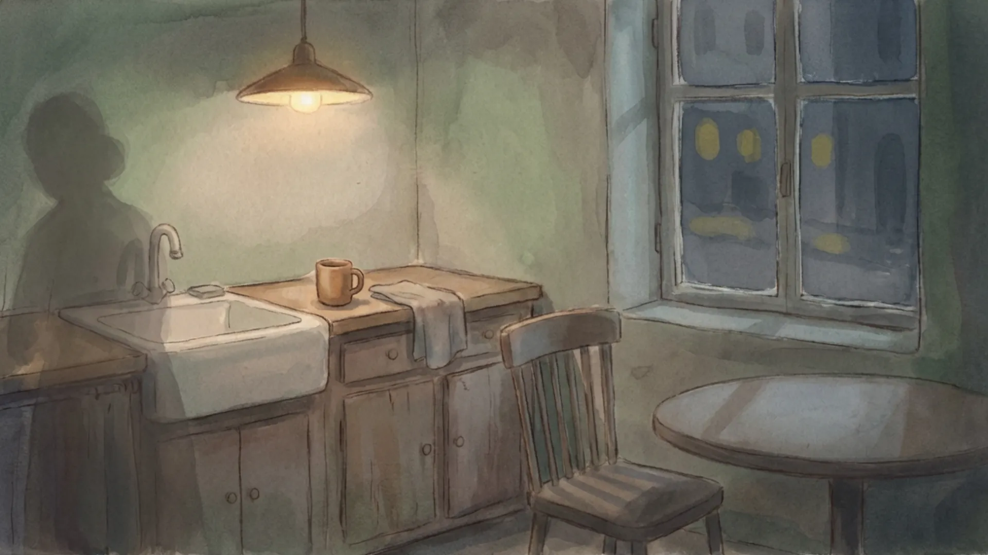 Dimly lit kitchen at night with a single light over the sink, a mug on the counter, and a chair pulled away from the table.