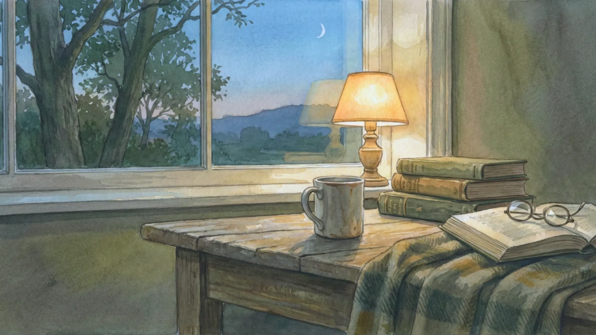 Cozy reading table by a window at dusk with a lamp, a mug, stacked books, and an open book facing the moonlit landscape.