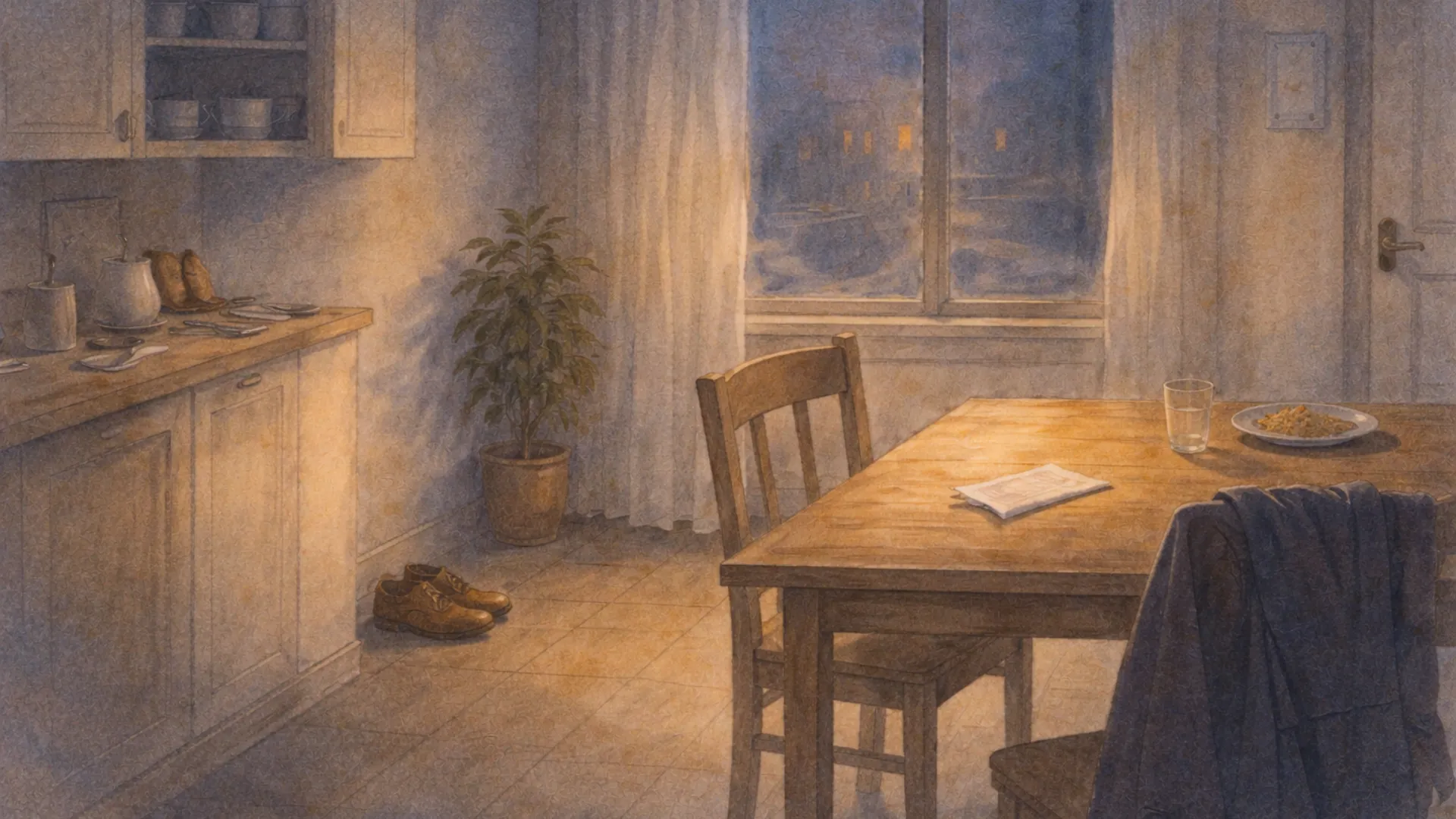 Story: "What the room kept after everyone left" 1 Watercolor illustration of an empty room after dusk, with a wooden table, a pulled chair, folded paper, shoes by the wall, and soft fading light through a window, conveying stillness and quiet absence.