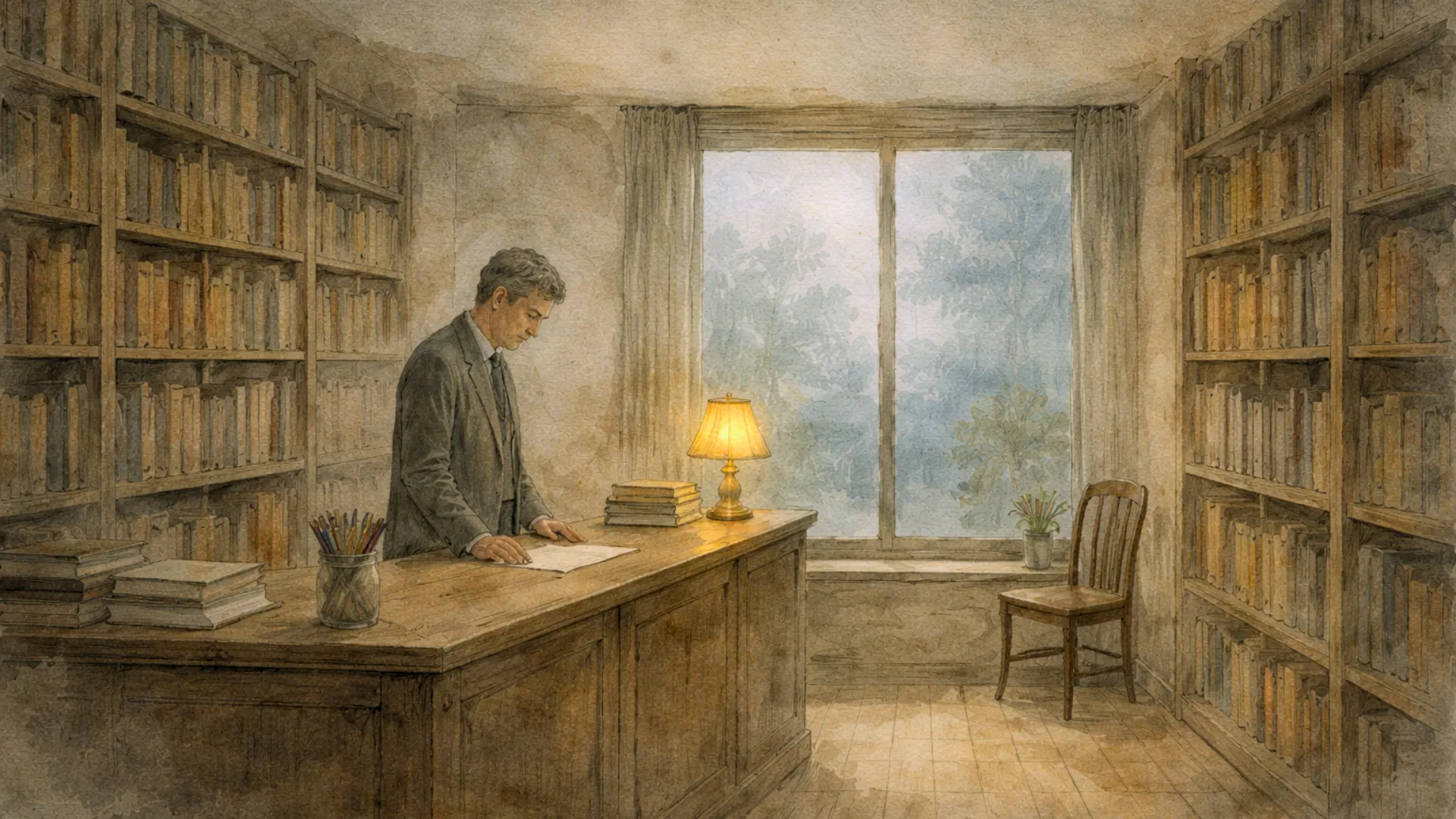 Hand-painted watercolor illustration of an old bookshop at dusk, inspired by Whispers of Love, with a quiet atmosphere in Aveline’s style.